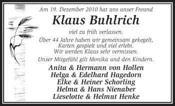 Traueranzeige von Klaus Buhlrich von KREISZEITUNG SYKE