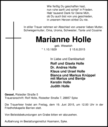 Traueranzeige von Marianne Holle von KRZ