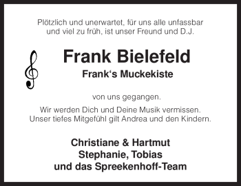 Traueranzeige von Frank Bielefeld von KREISZEITUNG SYKE