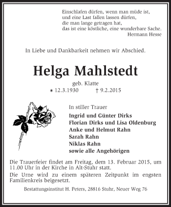 Traueranzeige von Helga Mahlstedt von KRZ