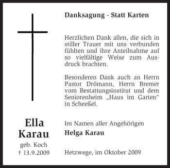 Traueranzeige von Ella Karau von KREISZEITUNG SYKE