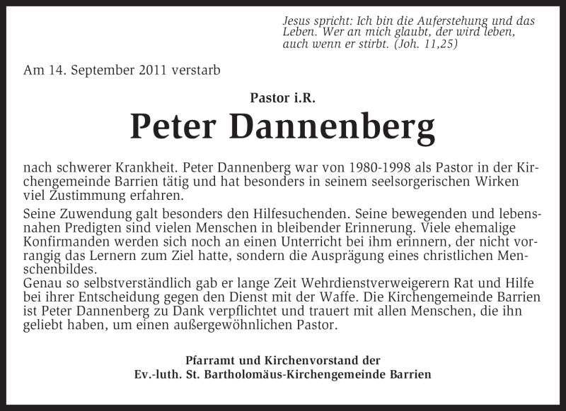  Traueranzeige für Peter Dannenberg vom 17.09.2011 aus KREISZEITUNG SYKE