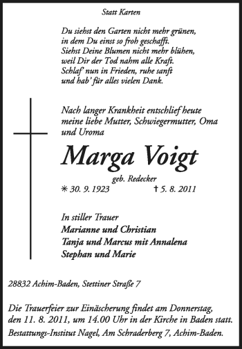 Traueranzeige von Marga Voigt von KREISZEITUNG SYKE