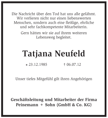 Traueranzeige von Tajana Neufeld von KREISZEITUNG SYKE