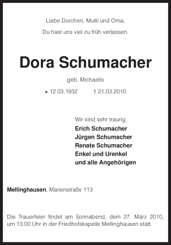 Traueranzeige von Dora Schumacher von KREISZEITUNG SYKE