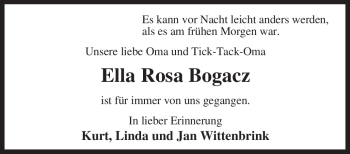 Traueranzeige von Ella Rosa Bogacz von KREISZEITUNG SYKE