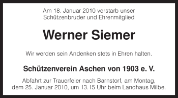 Traueranzeige von Werner Siemer von KREISZEITUNG SYKE