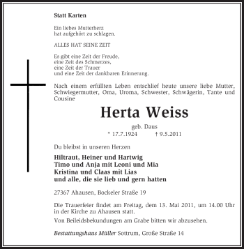 Traueranzeige von Herta Weiss von KREISZEITUNG SYKE