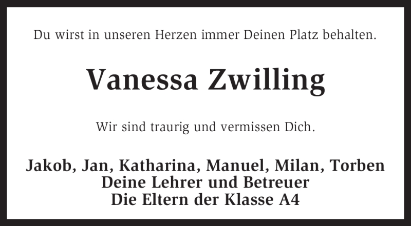  Traueranzeige für Vanessa Zwilling vom 03.01.2012 aus KREISZEITUNG SYKE