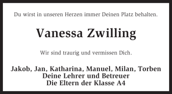 Traueranzeige von Vanessa Zwilling von KREISZEITUNG SYKE