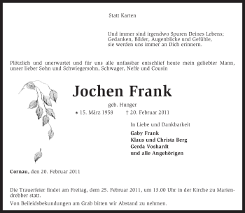 Traueranzeige von Jochen Frank von KREISZEITUNG SYKE