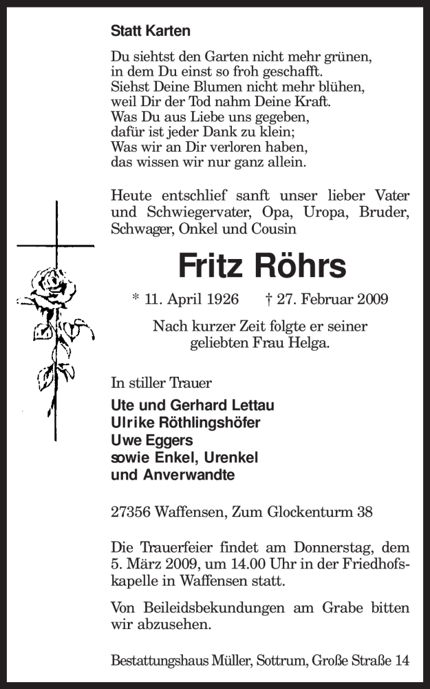  Traueranzeige für Fritz Röhrs vom 02.03.2009 aus KREISZEITUNG SYKE