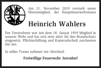 Traueranzeige von Heinrich Wahlers von KREISZEITUNG SYKE