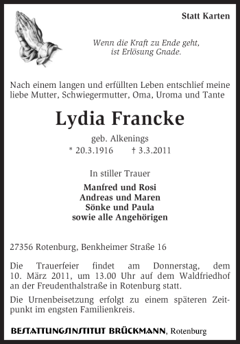 Traueranzeige von Lydia Francke von KREISZEITUNG SYKE