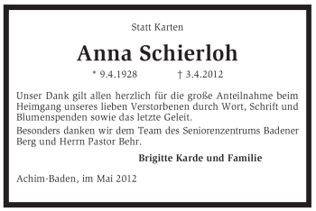 Traueranzeige von Anna Schierloh von KREISZEITUNG SYKE