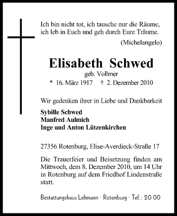 Traueranzeige von Elisabeth Schwed von KREISZEITUNG SYKE