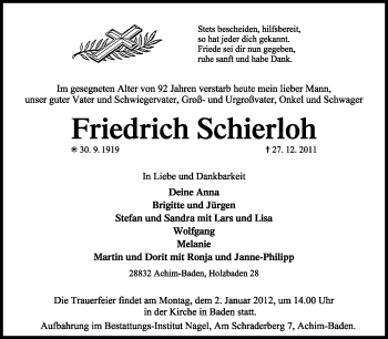 Traueranzeige von Friedrich Schierloh von KREISZEITUNG SYKE