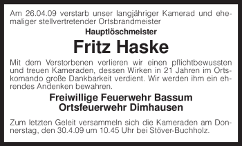 Traueranzeige von Fritz Haske von KREISZEITUNG SYKE