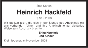 Traueranzeige von Heinrich Hackfeld von KREISZEITUNG SYKE