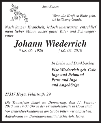 Traueranzeige von Johann Wiederrich von KREISZEITUNG SYKE