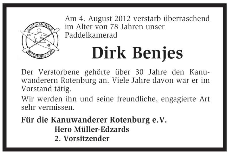  Traueranzeige für Dirk Benjes vom 08.08.2012 aus KREISZEITUNG SYKE