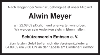 Traueranzeige von Alwin Meyer von KREISZEITUNG SYKE