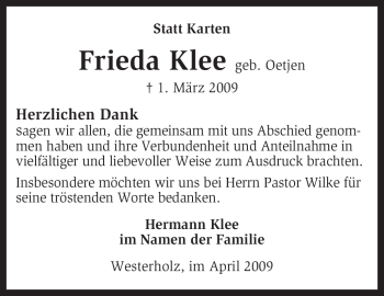 Traueranzeige von Frieda Klee von KREISZEITUNG SYKE