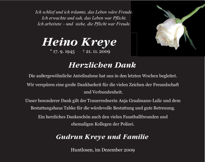  Traueranzeige für Heino Kreye vom 30.12.2009 aus KREISZEITUNG SYKE