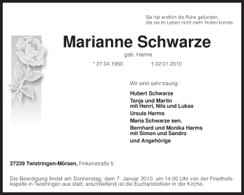 Traueranzeige von Marianne Schwarze von KREISZEITUNG SYKE