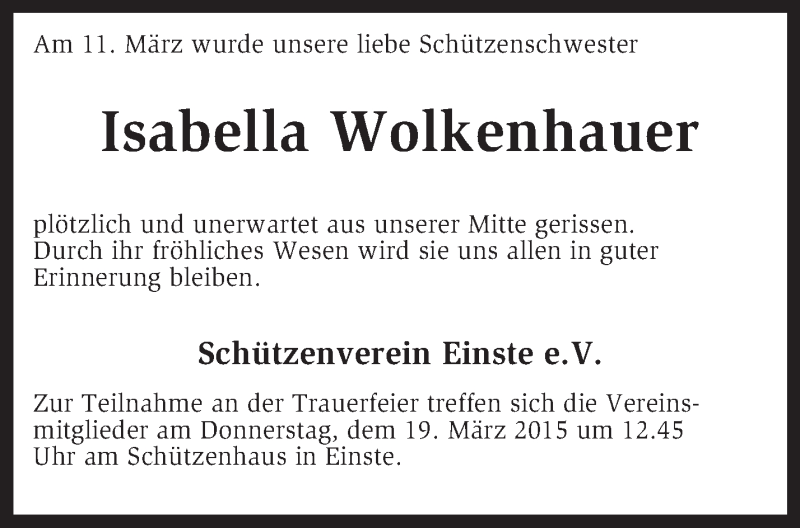  Traueranzeige für Isabella Wolkenhauer vom 17.03.2015 aus KRZ