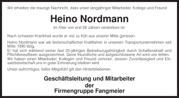 Traueranzeige von Heino Nordmann von KREISZEITUNG SYKE