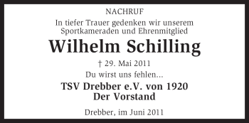 Traueranzeige von Wilhelm Schilling von KREISZEITUNG SYKE