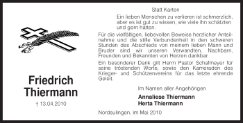 Traueranzeige von Friedrich Thiermann von KREISZEITUNG SYKE