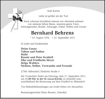 Traueranzeige von Bernhard Behrens von KREISZEITUNG SYKE