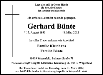 Traueranzeige von Gerhard Bünte von KREISZEITUNG SYKE