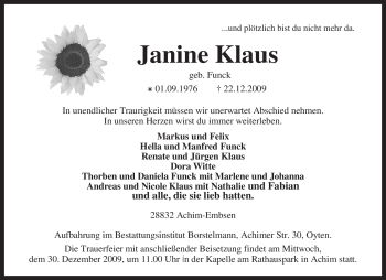 Traueranzeige von Janine Klaus von KREISZEITUNG SYKE