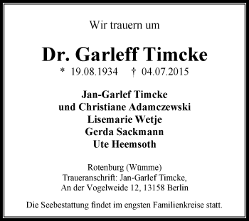 Traueranzeige von Garleff Timcke von KRZ