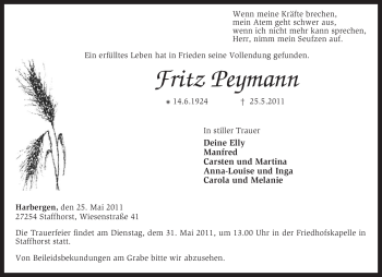 Traueranzeige von Fritz Peymann von KREISZEITUNG SYKE