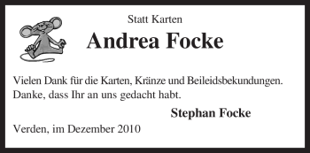 Traueranzeige von Andrea Focke von KREISZEITUNG SYKE