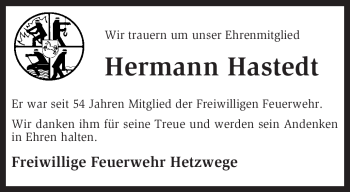 Traueranzeige von Hermann Hastedt von KREISZEITUNG SYKE