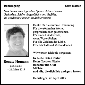Traueranzeige von Renate Homann von KRZ