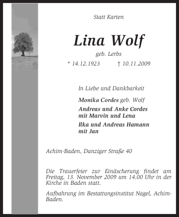 Traueranzeige von Lina Wolf von KREISZEITUNG SYKE