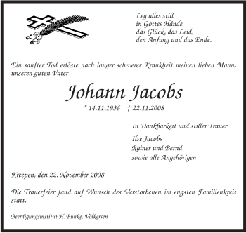 Traueranzeige von Johann Jacobs von KREISZEITUNG SYKE