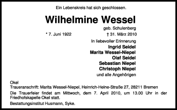 Traueranzeige von Wilhelm Wessel von KREISZEITUNG SYKE