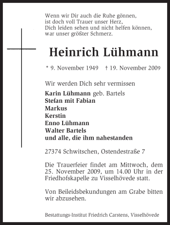 Traueranzeige von Heinrich Lühmann von KREISZEITUNG SYKE