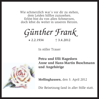 Traueranzeige von Günther Frank von KREISZEITUNG SYKE