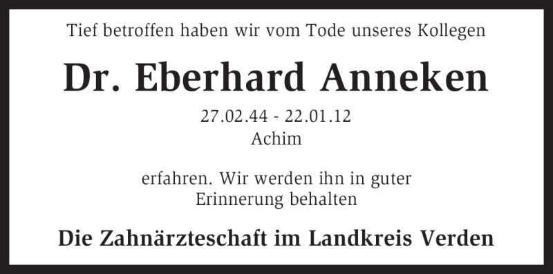  Traueranzeige für Eberhard Anneken vom 28.01.2012 aus KREISZEITUNG SYKE