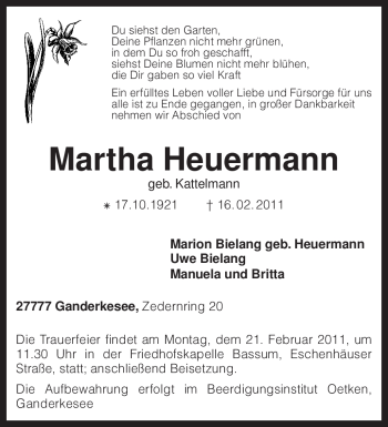 Traueranzeige von Martha Heuermann von KREISZEITUNG SYKE