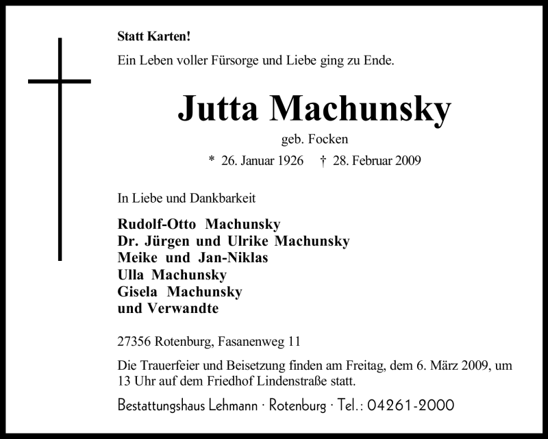  Traueranzeige für Jutta Machunsky vom 02.03.2009 aus KREISZEITUNG SYKE