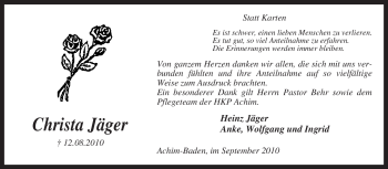 Traueranzeige von Christa Jäger von KREISZEITUNG SYKE